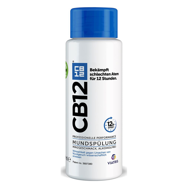 Flasche mit Mundspülung von CB12, alkoholfrei mit Minzgeschmack, für frischen Atem, 12 Stunden Wirkung.