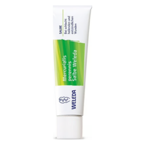 Weleda Mercurialis perennis Salbe in einer weißen Tube mit grünem Design und Schraubverschluss.