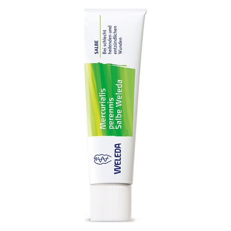 Weleda Mercurialis perennis Salbe in einer weißen Tube mit grünem Design und Schraubverschluss.