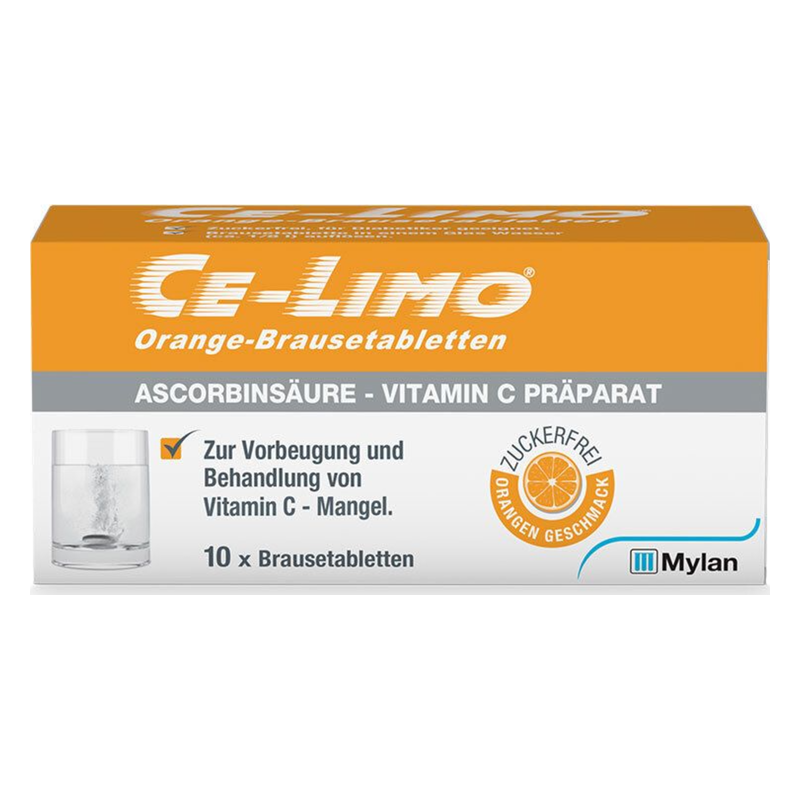 Verpackung von CE-LIMO Orange-Brausetabletten mit Hinweis auf Vitamin C und zuckerfreier Orangen-Geschmack.