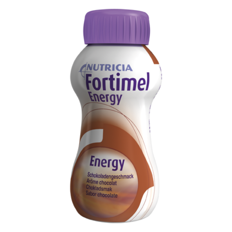 Flasche mit Fortimel Energy in Schokoladengeschmack, mit lila Kappe und informativen Label-Details.