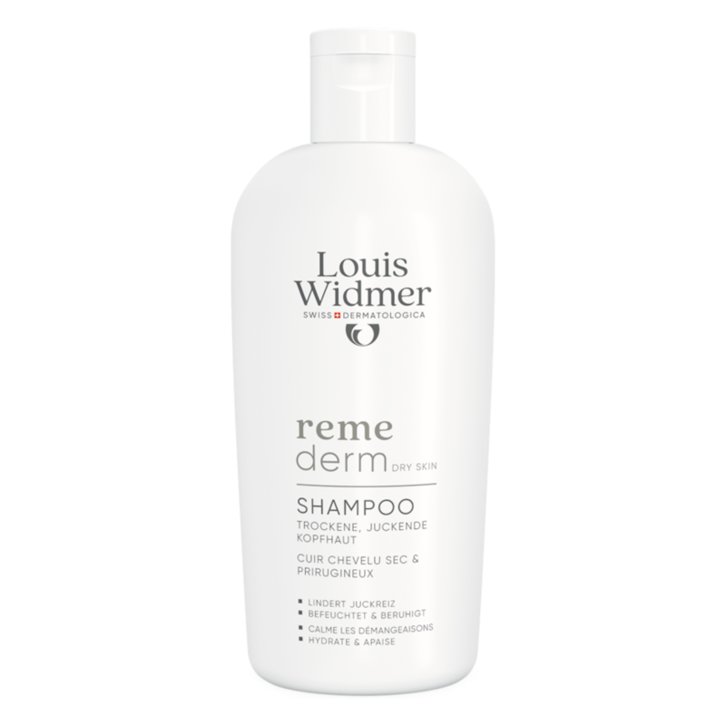 Weiße Shampoo-Flasche von Louis Widmer für trockene, juckende Kopfhaut mit angebrachtem Deckel.
