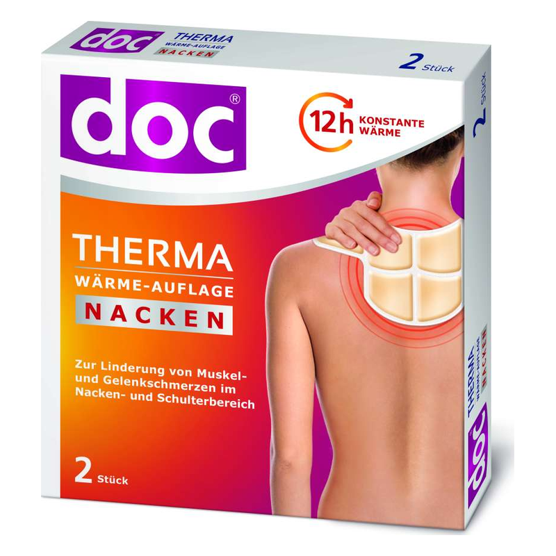 Verpackung einer Wärmeauflage für den Nacken zur Linderung von Beschwerden, mit Abbildung und Anwendungshinweisen.