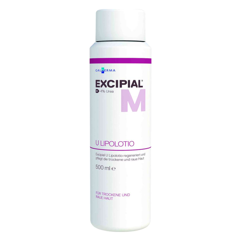 Flasche mit EXCIPIAL M U Lipolotio, 500 ml, für trockene und raue Haut, mit 4% Urea.