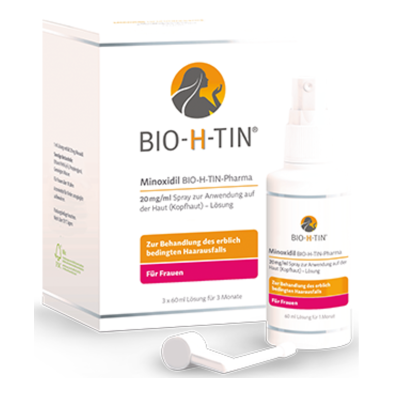 Minoxidil-Spray in einer weißen Flasche, verpackt in einer Box für die Behandlung von Haarausfall bei Frauen.