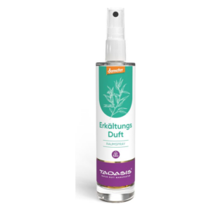 Raumspray mit der Bezeichnung "Erkältungs Duft" in einer transparenten Flasche mit Sprühkopf.