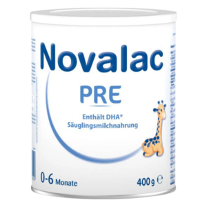 Dose mit Säuglingsmilchnahrung von Novalac, gekennzeichnet mit PRE und einem Giraffenmotiv, für Babys von 0-6 Monaten.
