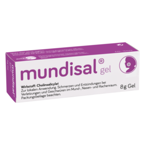 Verpackung von mundisal Gel mit lila Schrift, zur Behandlung von Mund- und Rachenraumentzündungen.