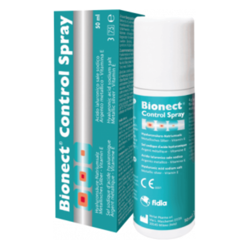 Bionect Control Spray in einer weißen Flasche mit türkisfarbenem Etikett und einer passenden Verpackung.