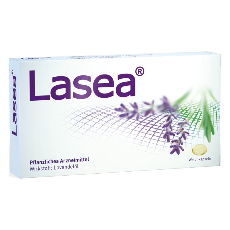 Verpackung von Lasea, einem pflanzlichen Arzneimittel mit Lavendelöl. Weichkapseln in der Box.
