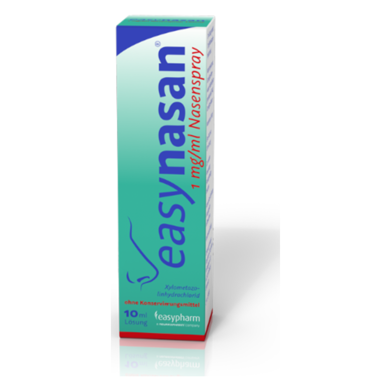 Nasenspray in blauer und grüner Verpackung, enthält Xylometazolin ohne Konservierungsmittel, 10 ml Lösung.