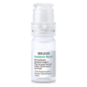 Weleda Visiodoron Malva Augentropfen in einer durchsichtigen Flasche mit Sprühverschluss und mehrsprachiger Beschreibung.