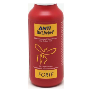 Rote Spraydose mit dem Aufdruck "ANTI BRUMM FORTE", Schutz gegen Stechmücken und Zecken, mit Langzeit-Schutz.