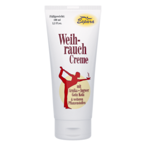 Tube mit Weihrauchcreme, die Inhaltsstoffe wie Arnika, Ingwer und Gotu Kola enthält.