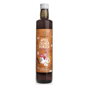 Braunglasflasche mit weißem Schraubverschluss, gefüllt mit Bio-Apfel-Zauberpunsch-Sirup und buntem Etikett.