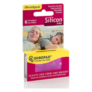 Verpackung mit Silikon-Ohrstöpseln in Pink, ideal für Lärm- und Wasserschutz, gestaltet für Schlaf, Lernen und Schwimmen.