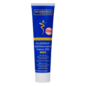 Tube mit Allergika Nachtkerzenöl Creme 20%, zur Behandlung trockener Ekzeme und Hautunreinheiten. Medizinisches Produkt.