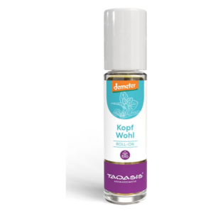 Roll-On Aromaöl 'Kopf Wohl' in einer transparenten Flasche mit weißem Deckel und blau-weißer Etikette.