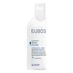 Weiße Flasche mit blauer Schrift, die eine milde Wasch- und Duschlotion für normale Haut beschreibt.