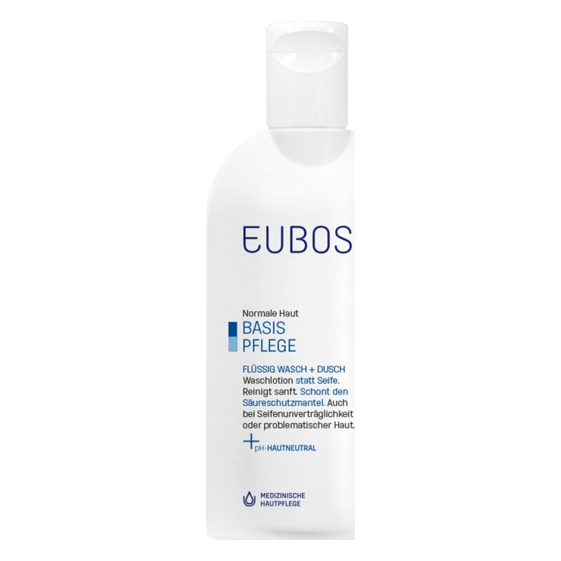 Weiße Flasche mit blauer Schrift, die eine milde Wasch- und Duschlotion für normale Haut beschreibt.