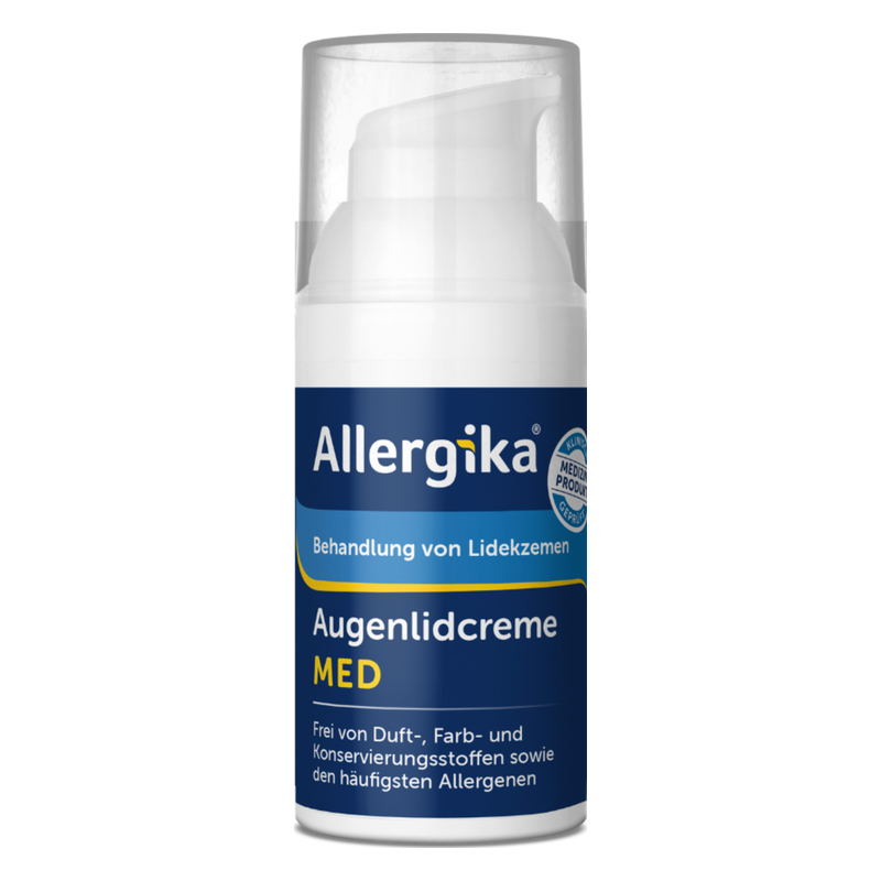 Flasche mit Allergika Augenlidcreme zur Behandlung von Lidkzemen, im schlichten Design, mit Pumpmechanismus.
