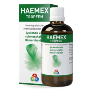 Braune Flasche mit weißen Tropfenverschluss und grünem Etikett, verpackt in einer grünen Box. Homöopathisches Mittel für Hämorrhoiden.