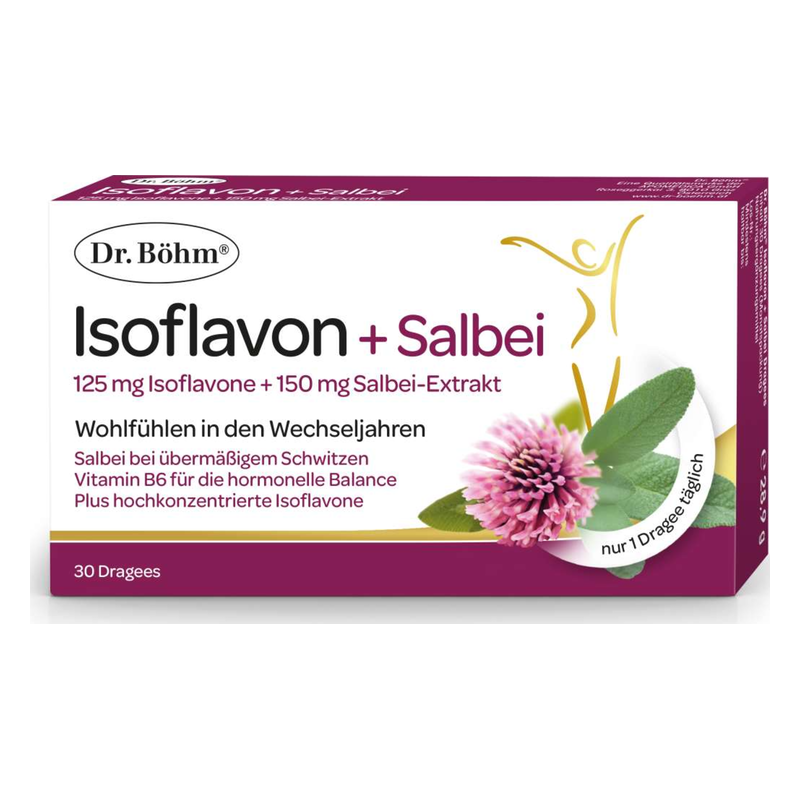 Packung mit Dr. Böhm Isoflavon + Salbei, enthält 125 mg Isoflavone und 150 mg Salbei-Extrakt, für Wohlfühlen während der Wechseljahre.
