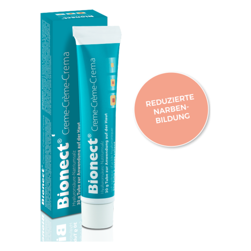Bionect Creme in einer blauen Tube und Verpackung, beschleunigt die Heilung und reduziert Narbenbildung.