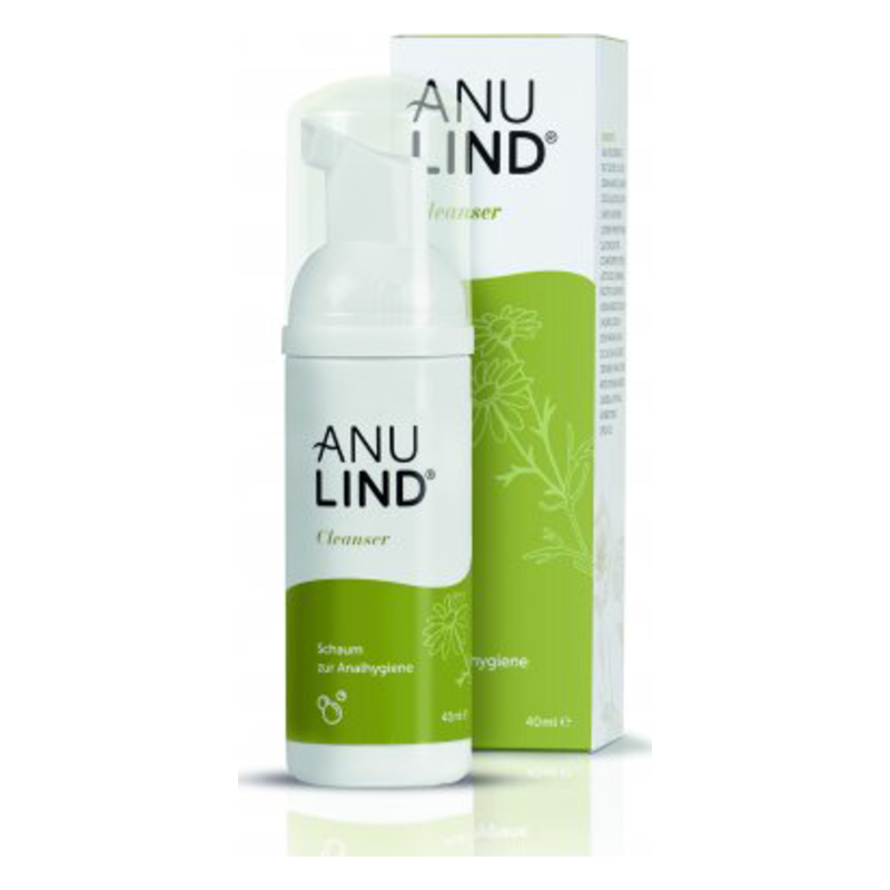 Flasche mit Schaumreiniger ANU LIND in grauer und grüner Verpackung, zur Analhygiène, 400 ml.