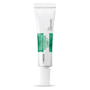 Tube mit Augensalbe Visiodoron Euphrasia Comp. von Weleda, 5 g, schlanke Form, weiße Verpackung mit grüner Schrift.