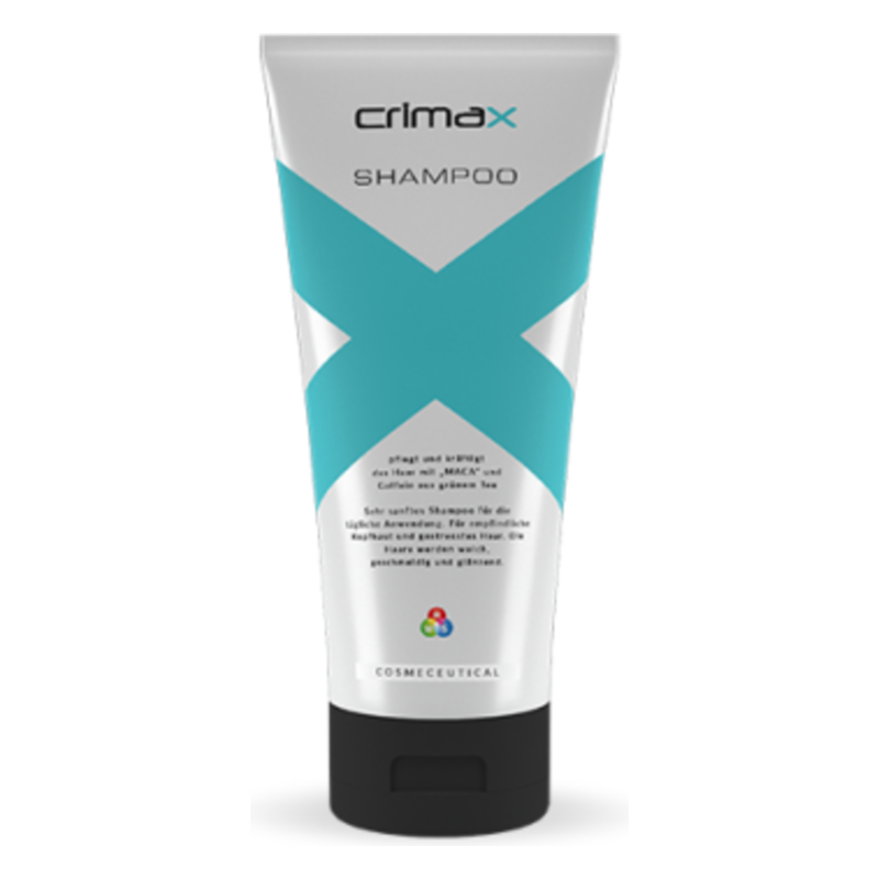 Tube mit Shampoo, silberne Verpackung, blaue und schwarze Akzente, für gepflegtes und glänzendes Haar.