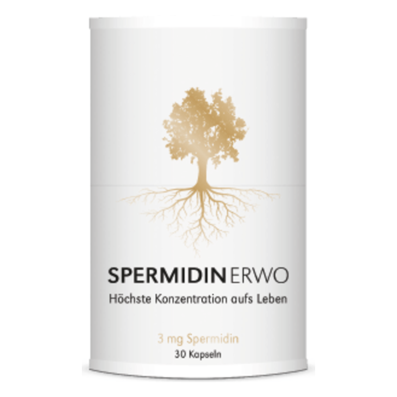 Weißer, runder Behälter mit goldenem Baum-Motiv, Inhalt: 30 Kapseln mit 3 mg Spermidin
