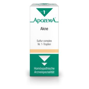 Packung mit homöopathischen Tropfen gegen Akne, grün-weiße Gestaltung mit Markenname und Beschreibung.