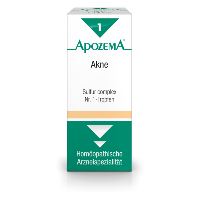 Packung mit homöopathischen Tropfen gegen Akne, grün-weiße Gestaltung mit Markenname und Beschreibung.