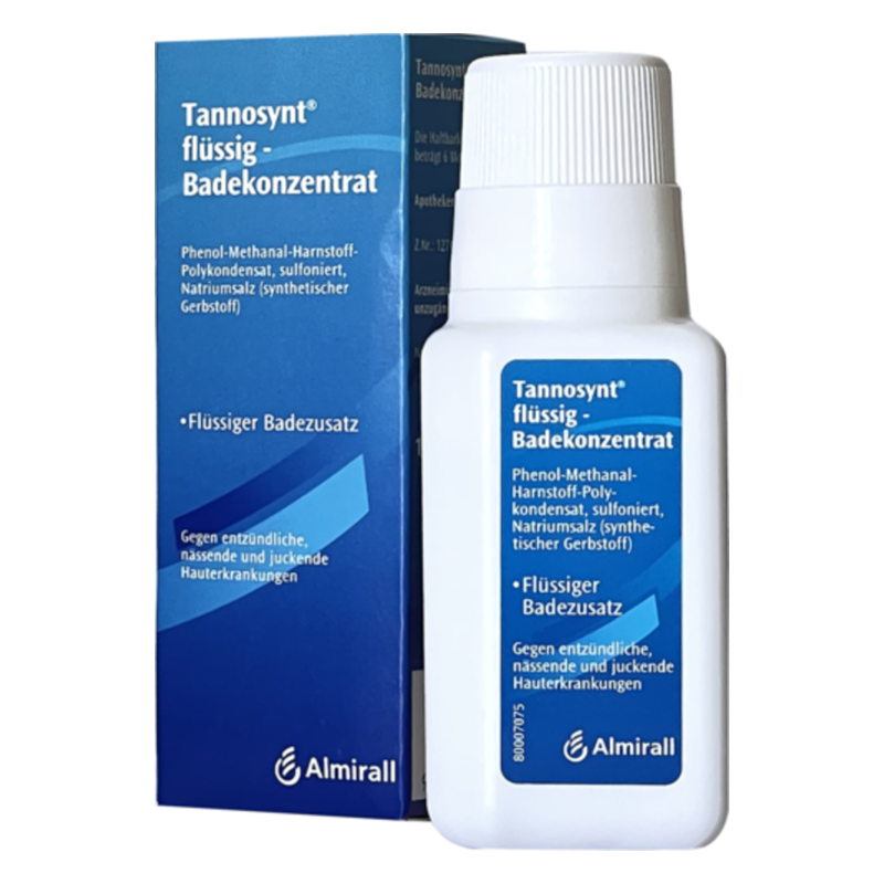 Flasche mit Tannosynt flüssigem Badezusatz, Verpackung blau mit Informationen zu Inhaltsstoffen und Anwendung.