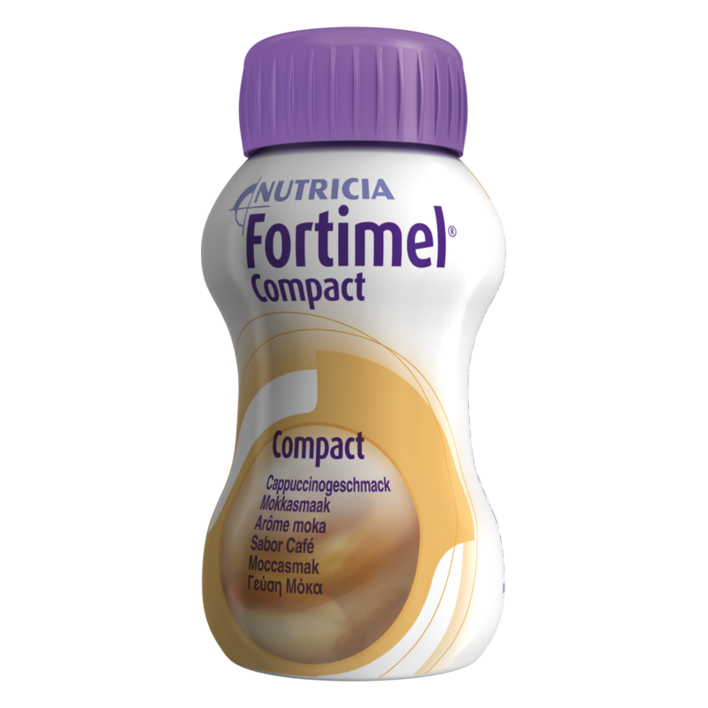 Flasche mit Fortimel Compact in Cappuccinogeschmack, schlanke Form und lila Kappe, beschreibt ein nahrhaftes Getränk.