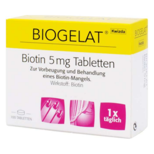 Verpackung von Biogelat Biotin 5 mg Tabletten zur Behandlung von Biotin-Mangel in gelber Box.
