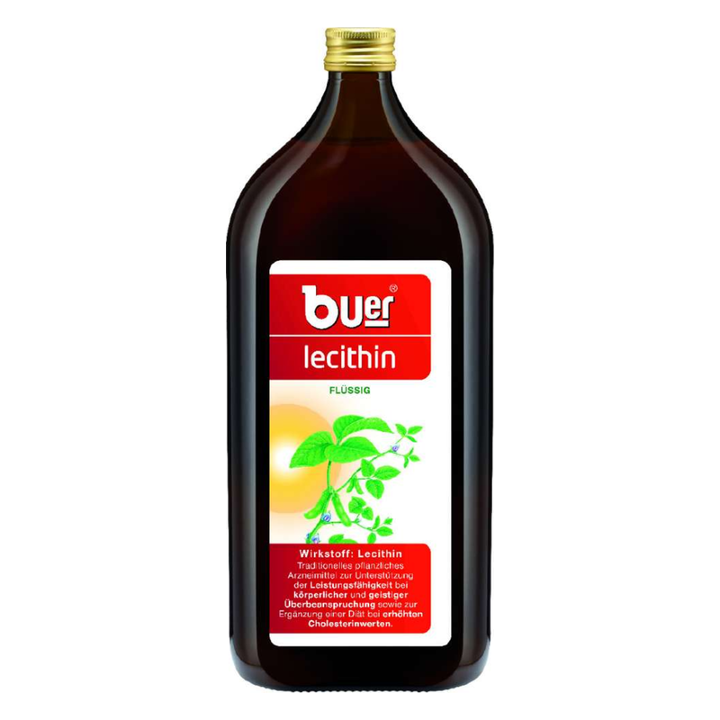 Flasche mit flüssigem Lecithin, etikettiert mit Markenname und Angaben zu Wirkung und Anwendung, braune Glasverpackung.