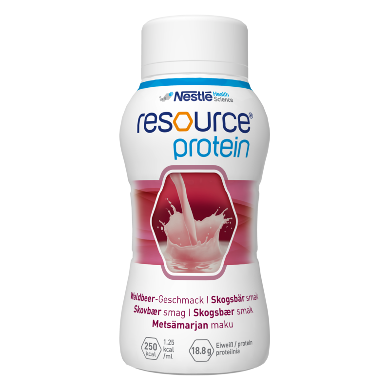 Flasche mit Proteinshake in Waldbeergeschmack, vom Hersteller Nestlé Health Science, mit einem hexagonalen Design.