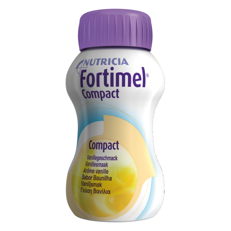 Flasche Fortimel Compact mit Vanillegeschmack, lila Deckel, ergonomische Form, Hauptinschrift in verschiedenen Sprachen.