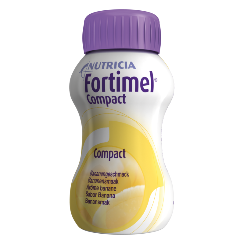 Flasche Fortimel Compact mit lila Schraubverschluss und gelben Akzenten, Geschmack Banane.