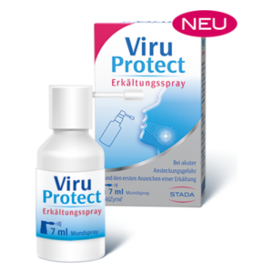 Viru Protect Erkältungsspray in einer weißen Flasche mit blauem Etikett, neben der Verpackung mit Informationen und dem Aufdruck 'NEU'.