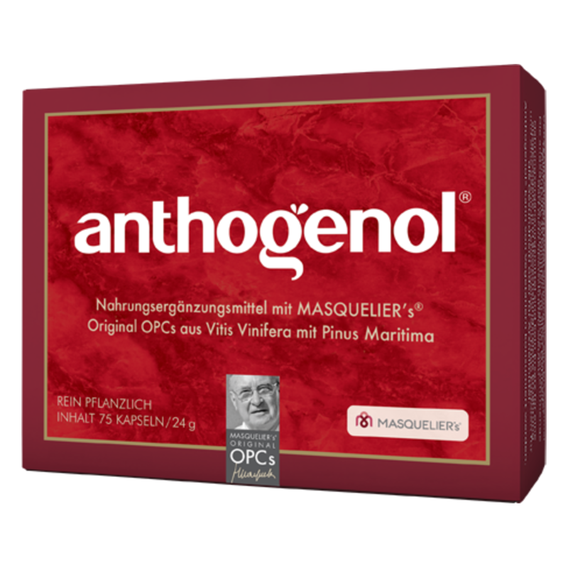 Rotfarbene Verpackung von Anthogenol, einem Nahrungsergänzungsmittel mit 75 Kapseln, auf der die Inhaltsstoffe hervorgehoben sind.