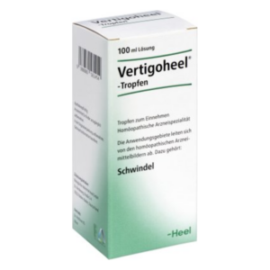 Verpackung von Vertigoheel Tropfen, homöopathisches Arzneimittel gegen Schwindel, in einer 100 ml Flasche.
