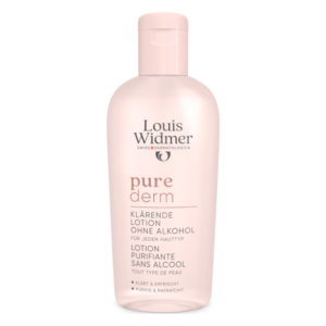 Flasche mit klarer, alkoholfreier Lotion von Louis Widmer. Rosa Verpackung mit Informationen zur Anwendung für jeden Hauttyp.