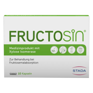 Verpackung von FRUCTOsin, einem Medizinprodukt mit Xylose Isomerase zur Behandlung bei Fruktosemalabsorption.
