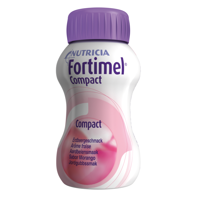 Flasche Fortimel Compact mit Erdbeergeschmack und lila Schraubverschluss, kompakte Form.
