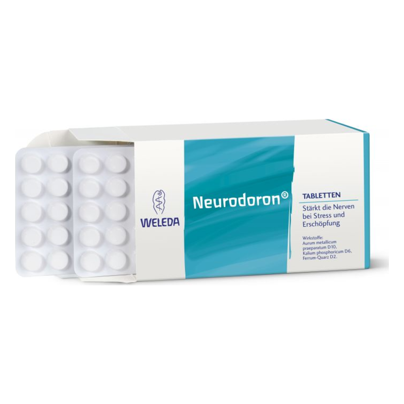 Offene Verpackung von Weleda Neurodoron Tabletten, Beschreibung der Anwendung gegen Stress und Erschöpfung auf der Rückseite.