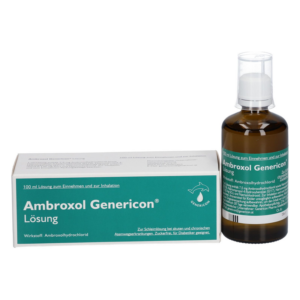 Braune Flasche mit Flüssigkeit und weißen, grün bedruckten Kartonverpackung für Ambroxol Genericon, Atemwegslösung.