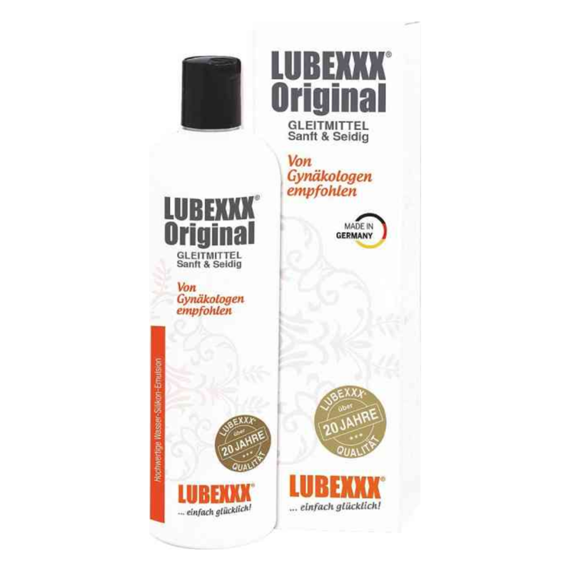 Flasche mit Gleitmittel LubeXXX Original, auf der Verpackung steht 'von Gynäkologen empfohlen', Made in Germany.